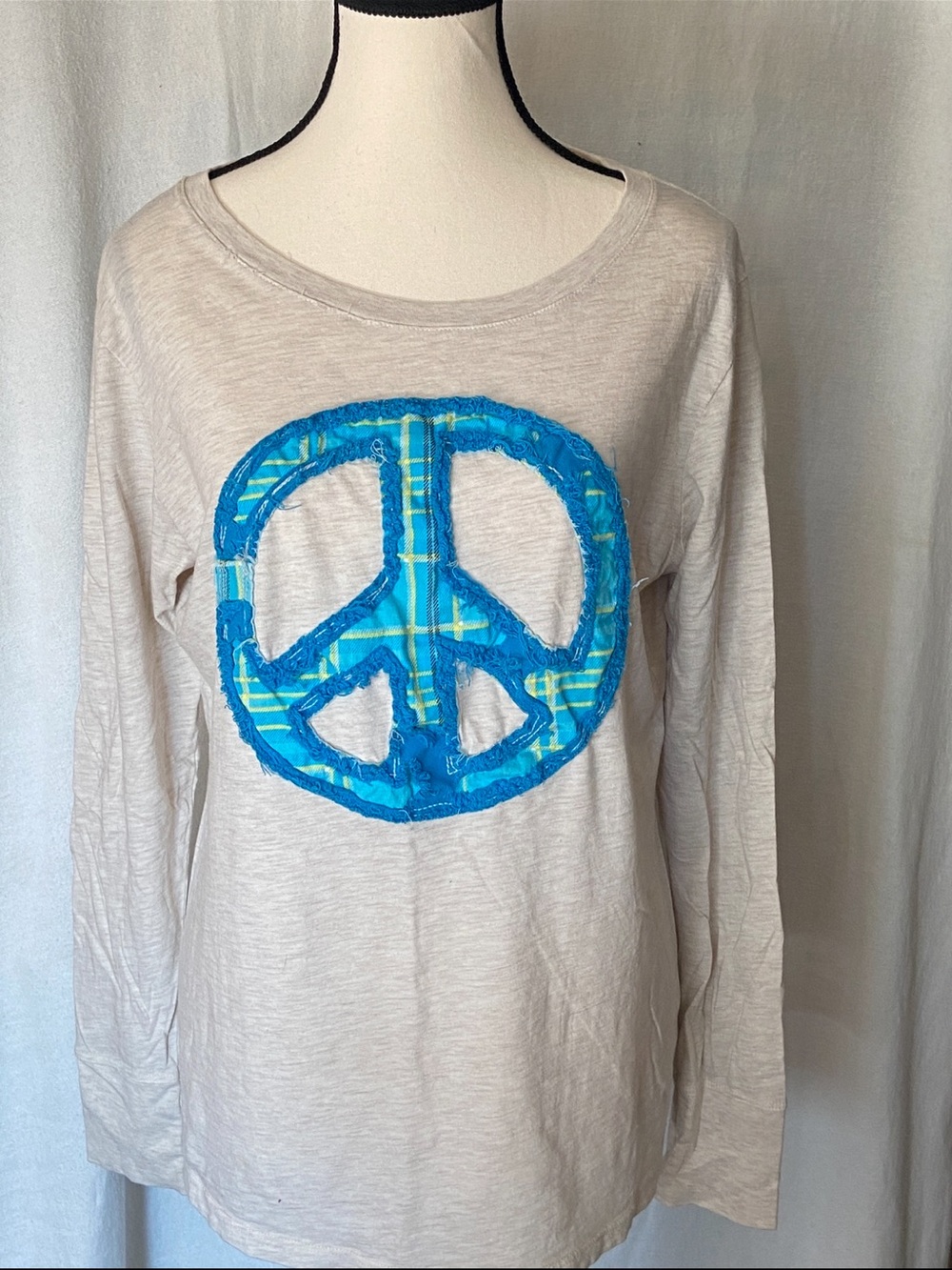 Beige Long Sleeve Top with Teal / Blue Plaid Peace Sign